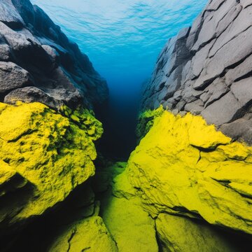 Underwater canyon with vibrant yellow-green algae on rocks.