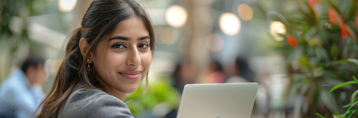Naklejka premium Smiling Indian student using a laptop in a vibrant outdoor setting, symbolizing education, technology, and positivity.