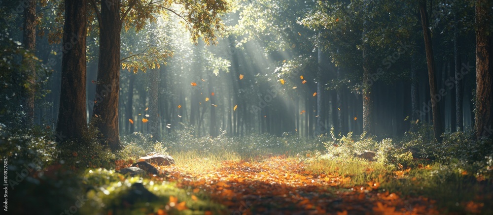 Poster sunlight streams through the trees in a misty autumn forest, illuminating fallen leaves on the groun