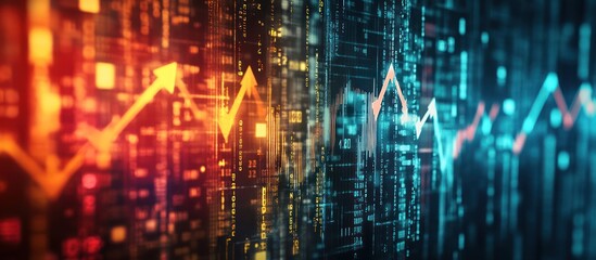 Obraz premium Abstract background with glowing upward arrows on digital screen with data and code, representing growth and success.