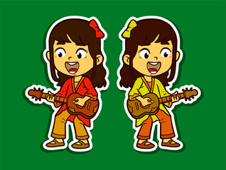 Girl Playing Guitar Doodle Sticker Illustration