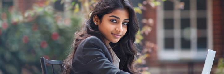 Fototapeta premium Confident Indian student using laptop outdoors, representing education, technology, and professional growth