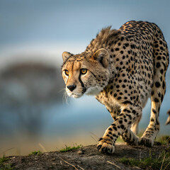 beautiful cheetah hunting for prey with a blurred