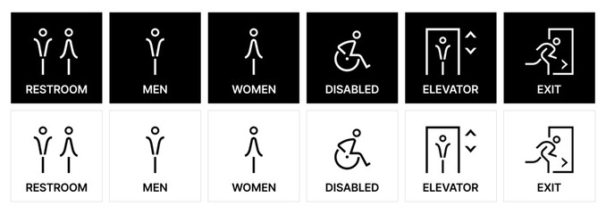 Universal Public Signage Icons for Restrooms, Accessibility, Elevators, and Exits. Male and female toilet icon and symbols. disabled icon. restroom icons and public pictogram.