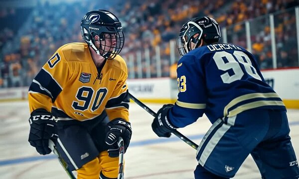 Two hockey players compete on the ice during an intense match.