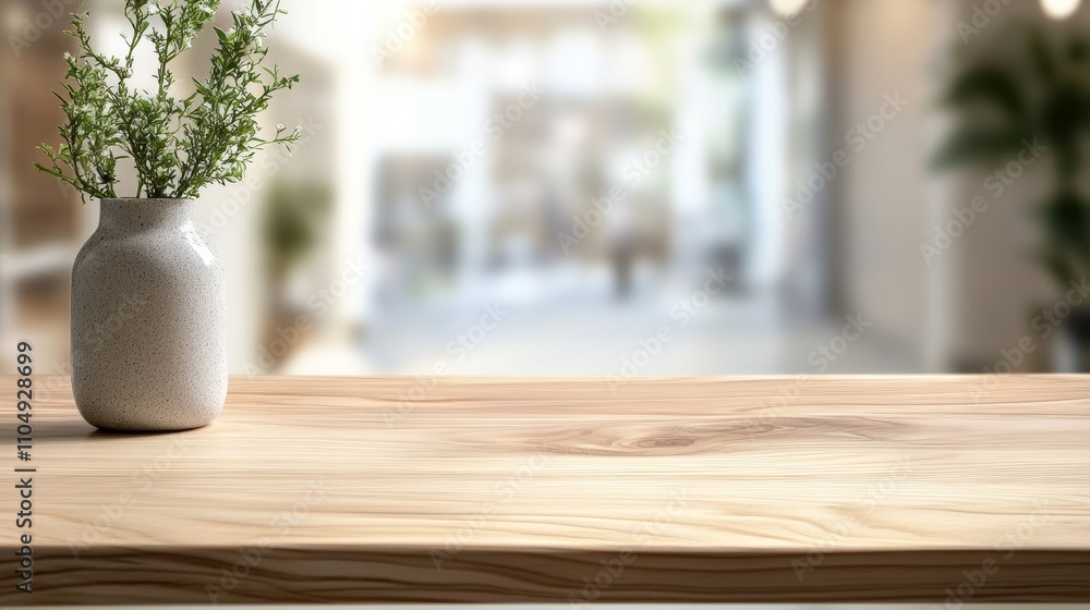 Poster empty wooden table top with vase and greenery in modern setting