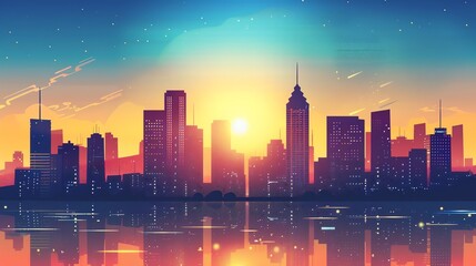 A stylized cityscape silhouette with a bright sunset and water reflection.