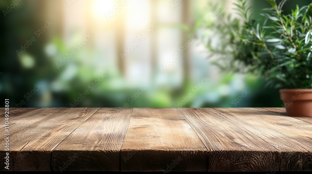 Poster empty wooden table top for product display in soft natural light
