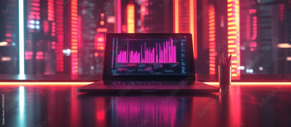 Poster laptop with a data chart on the screen on a table in a modern city at night.