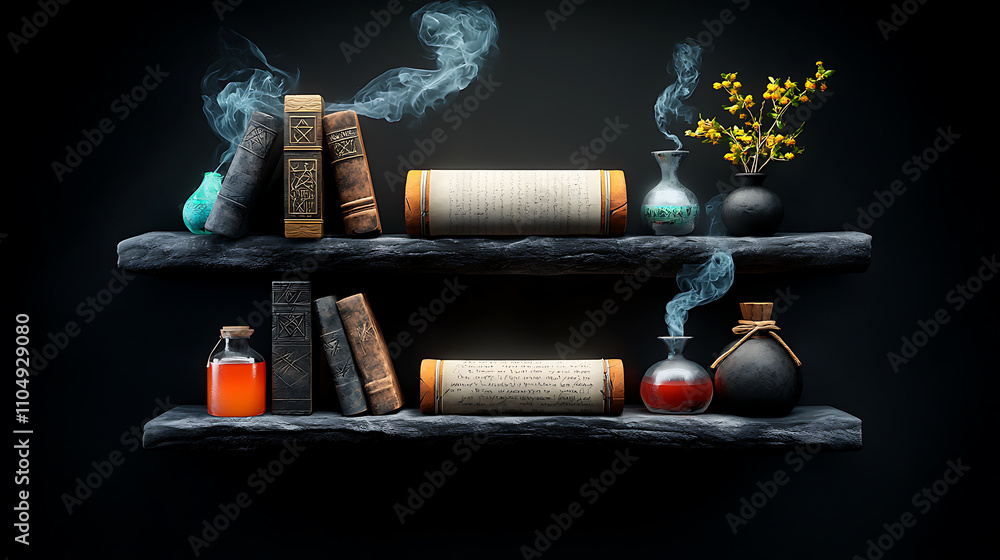 Poster magical potion crafting event enchanted library artistic display creative environment close-up view 