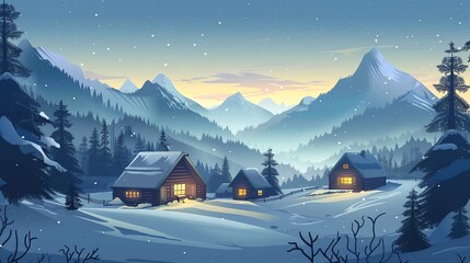 Fototapeta premium An illustration of a cozy cabin in a snowy mountain valley.