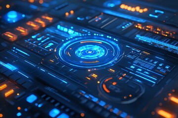 Obraz premium Futuristic Technology Interface Design Neon Blue and Orange Glowing Digital Panel Abstract Background