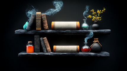 Magical potion crafting event enchanted library artistic display creative environment close-up view...