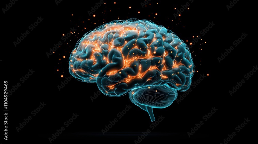 Poster a human brain intricately rendered in 3d, with glowing nodes and pathways, representing the complexi