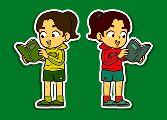 Girl Reading a Book Doodle Sticker Illustration