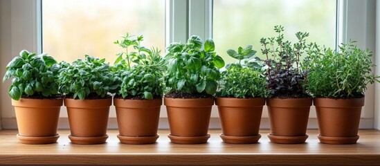 Fototapeta premium A row of seven potted herbs on a windowsill with a blurred background.