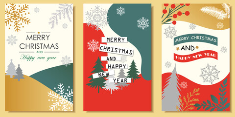  christmas and New Year greeting cards  set vector illustration 