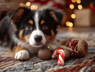 Christmas-themed toys for pets, like chew toys shaped like snowmen, reindeer, or candy canes, or interactive toys with holiday designs.