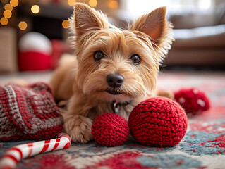 Christmas-themed toys for pets, like chew toys shaped like snowmen, reindeer, or candy canes, or interactive toys with holiday designs.