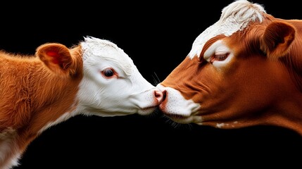 A couple of cows kissing each other on a black background