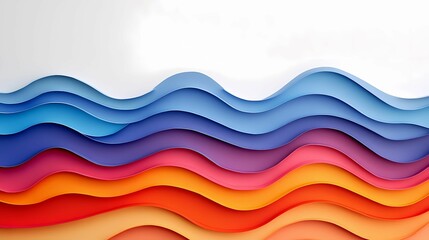 A vibrant, layered design featuring wavy shapes in various shades of blue, purple, pink, and orange against a light background.