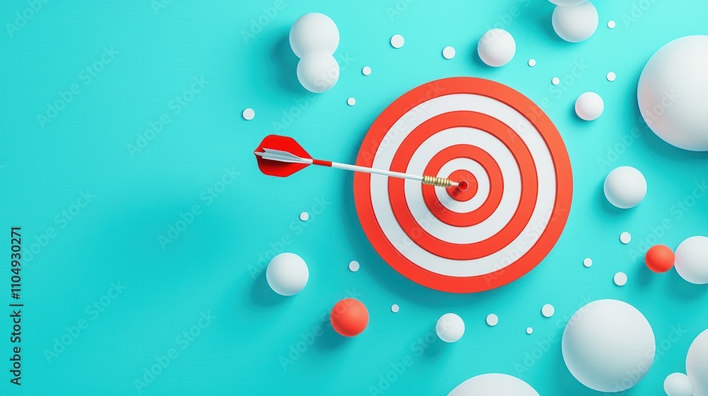 Poster a dartboard with darts scattered around the bullseye, some hitting the mark and others missing, repr
