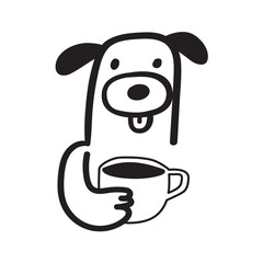 Funny smiling dog with coffee cup. Vector hand drawn outline design. Isolated icon on white background.