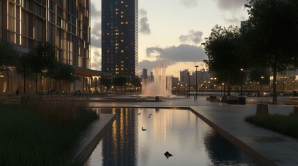 Scenic Plaza with Fountain and Greenery at Dusk