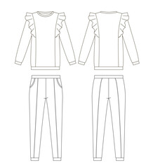 Vector Line Drawing of a Sweatshirt with Ruffle Details and Matching Joggers