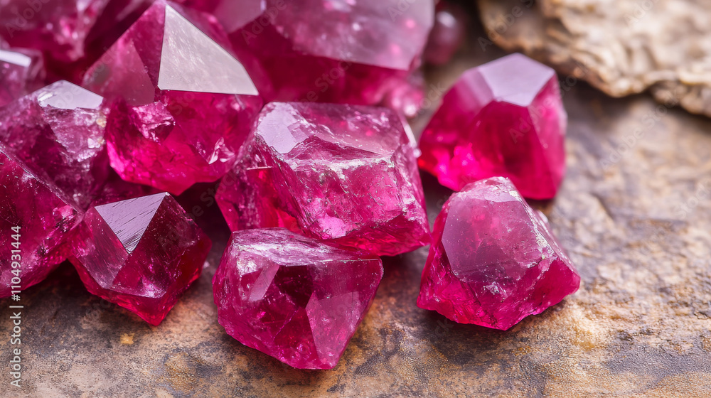 Poster precious ruby stones, shiny red crystals isolated on transparent background. vector realistic set of