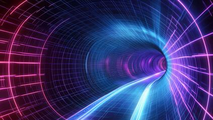 Fototapeta premium 3D render of an abstract futuristic background with neon lines in a tunnel, in blue and purple colors