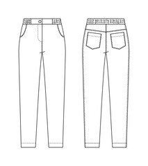 Technical drawing of women's fashion jeans with a modern slim fit and distinctive pocket stitching.