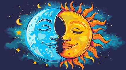 Fototapeta premium A cartoon illustration of the sun and moon with smiling faces as if they are kissing.