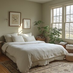 Fototapeta premium Serene Bedroom With White Linen Bedding And Plants
