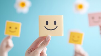 Obraz premium A hand holding up a card with a smiley face on it, surrounded by people holding up cards with different facial expressions, highlighting the diversity of opinions and emotions.