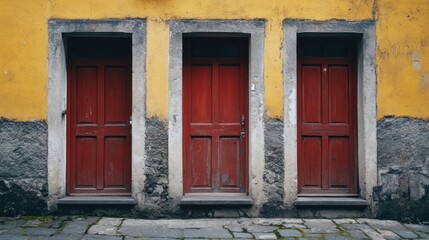 Three Rustic Red Doors on a Yellow Wall