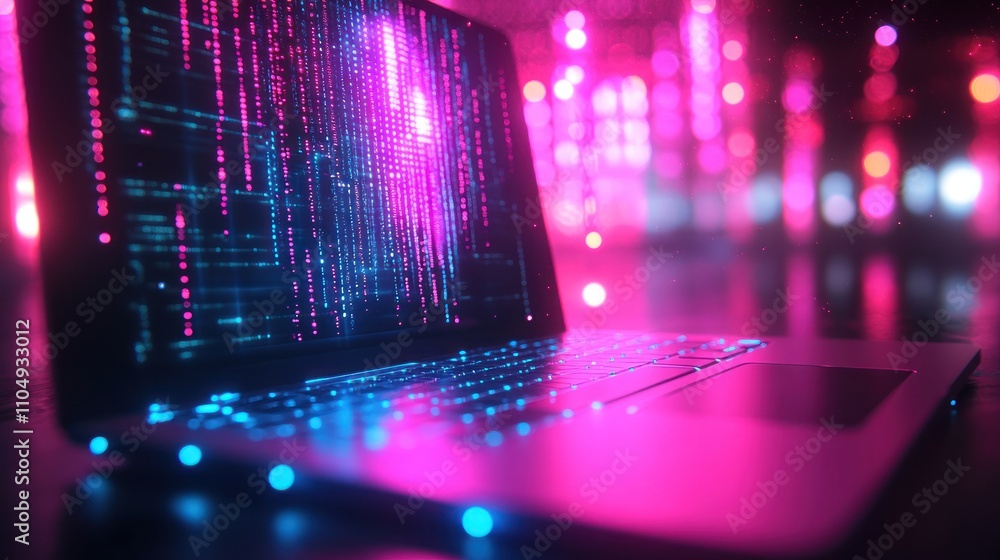 Poster a laptop with a bright, glowing screen displaying digital code against a background of vibrant bokeh