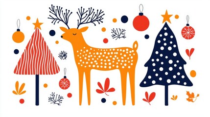 A whimsical illustration featuring a colorful reindeer, decorated trees, and festive ornaments, evoking a cheerful holiday spirit.