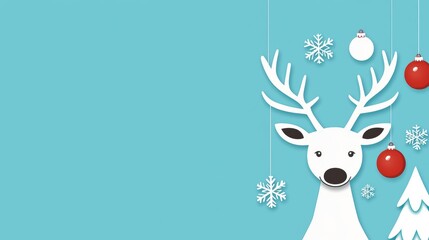 A whimsical illustration of a reindeer with antlers, surrounded by snowflakes and ornaments, set against a bright turquoise background.
