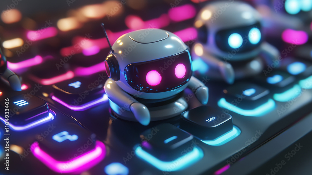 Poster cute robots, digital assistants on computer keyboard. vector cartoon illustration of chat bots, funn