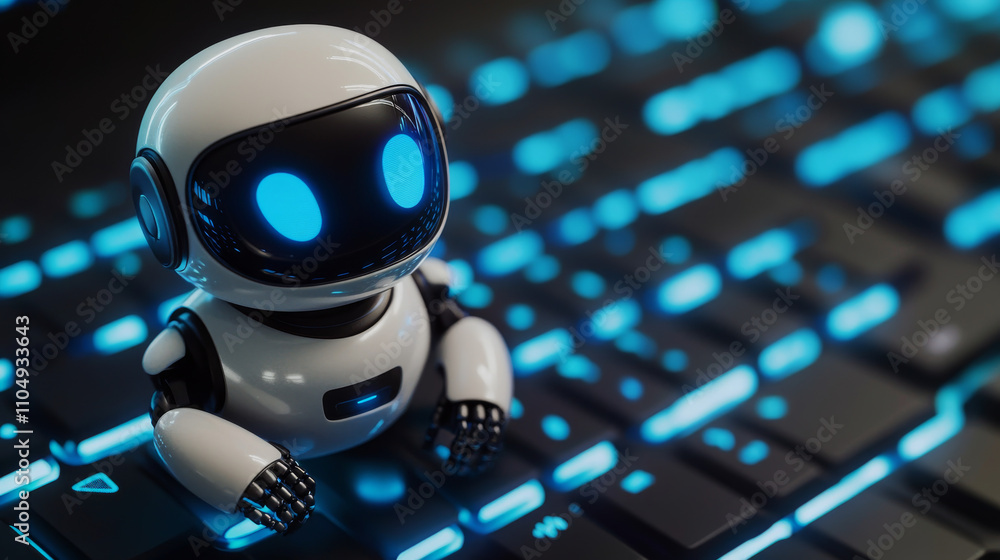 Poster cute robots, digital assistants on computer keyboard. vector cartoon illustration of chat bots, funn