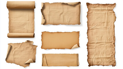 Torn brown craft paper with wrinkles. Crumpled vintage sheet for scrapbook and collage design. Realistic 3d vector illustration set of wrinkled blank memo note mockup. Ripped cardboard strips.