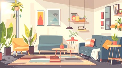 A cartoon illustration of a modern living room with a couch, chairs, and plants.