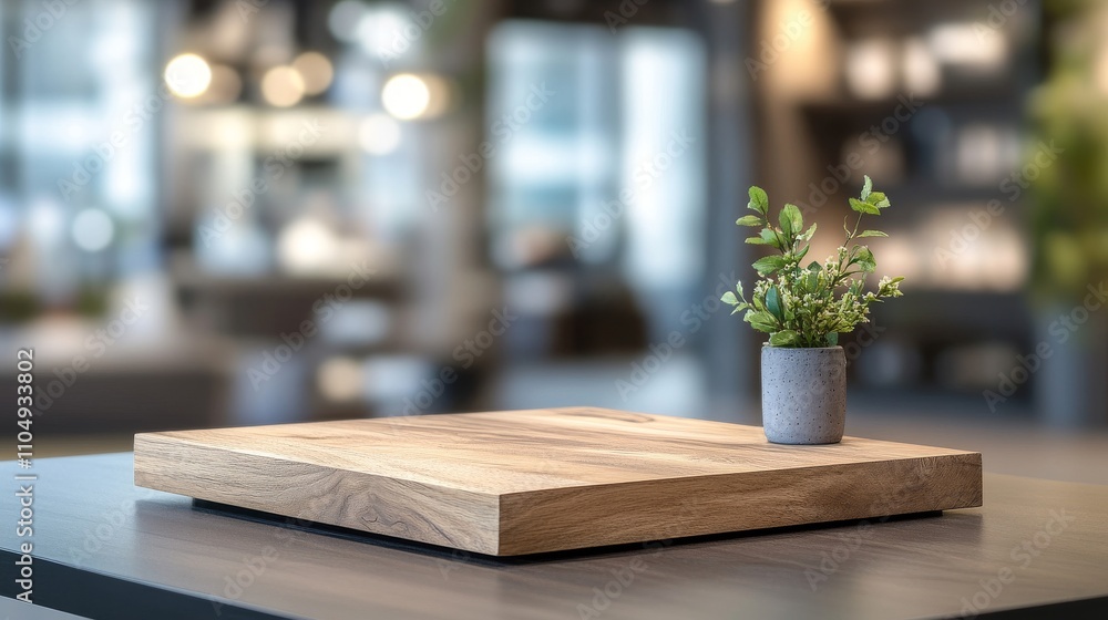 Poster empty wooden table top with plant in modern display setting