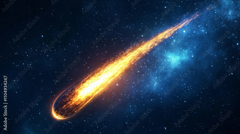 Poster comet or asteroid fire light trail in space vector. meteorite fall with flame speed. 3d realistic fi