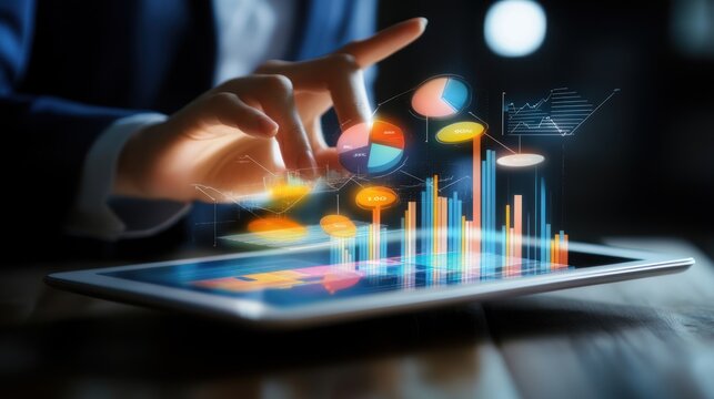 Financial analyst analyzes business financial reports on digital tablet