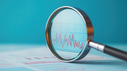 A magnifying glass focusing on a financial graph, highlighting trends and data analysis for business insights.