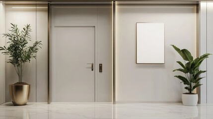 Modern entrance with plants and a blank wall for decoration.