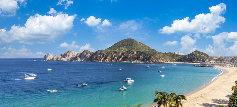 Mexico, Scenic panoramic aerial view of Los Cabos tourist destination Arch of Cabo San Lucas, El Arco, Playa Amantes and Playa del Divorcio.