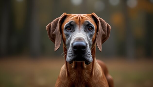 Brown dog with floppy ears looking straight ahead in the woods